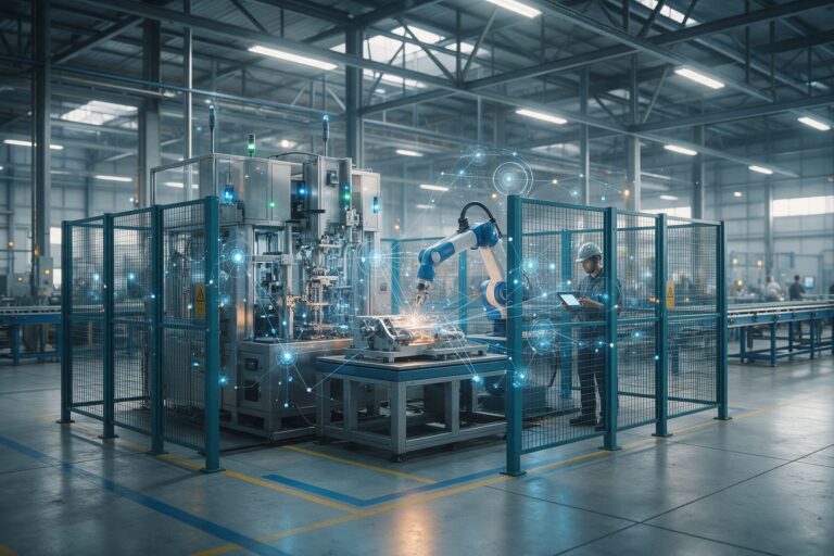 Robot industri dan mesin yang saling terhubung di lini produksi pabrik, diawasi operator dengan tablet
