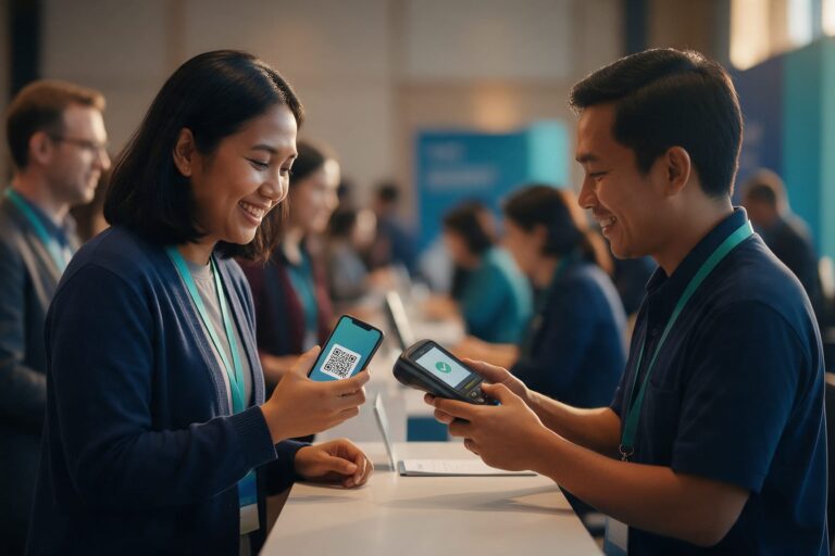 Tamu event check-in dengan menunjukkan QR code di ponsel yang dipindai panitia di meja registrasi