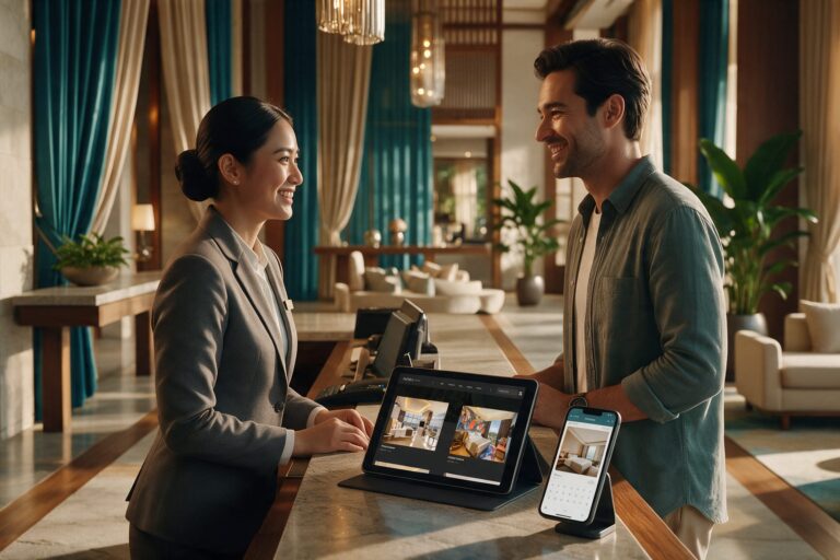 Resepsionis hotel melayani tamu dengan bantuan data pemesanan di tablet dan ponsel